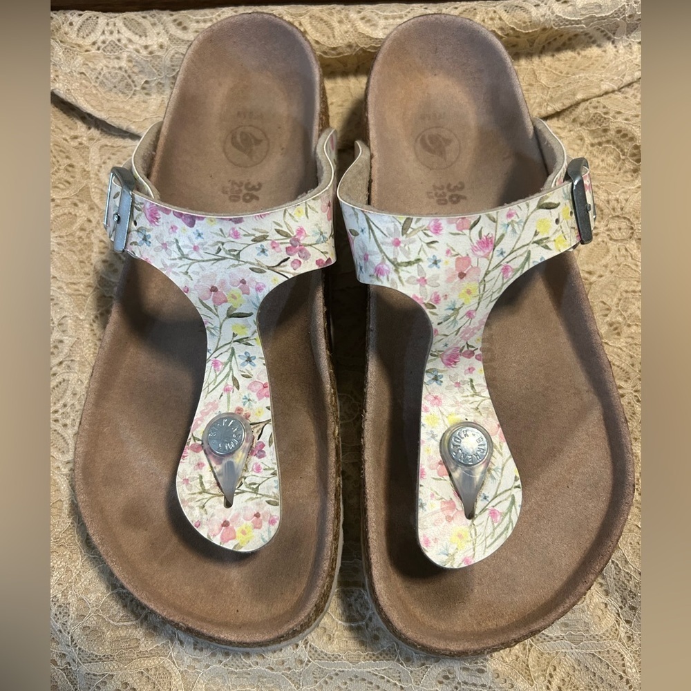 Birkenstock Floral T‑Strap Sandals in Pink and White